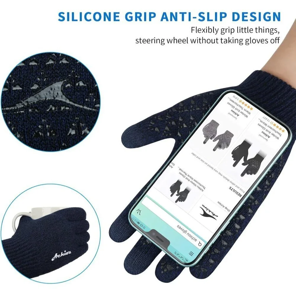 Women's Black Navy Upgraded Touch Screen Thermal Soft Knit Lining Winter Gloves